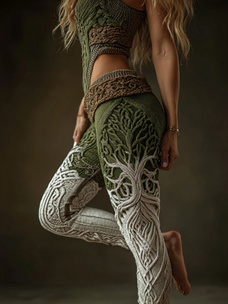 Women's Tree Of Life Celtic Knot Color Block Art Knitted Leggings