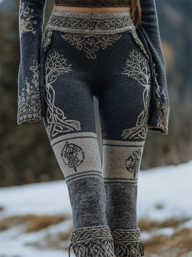 Viking Tree Of Life Celtic Knot Colorblock Cozy Knit Leggings
