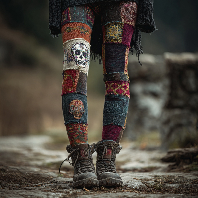 Halloween Skull Retro Patchwork Cozy Knit Leggings