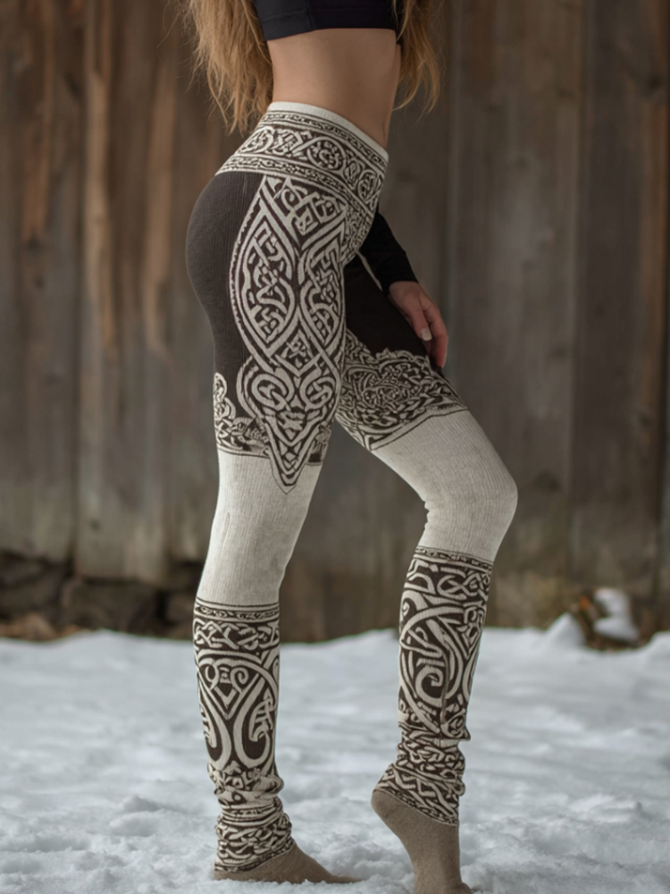 Viking Retro Style Color-blocked Design Women's Knitted Tight-fitting Leggings