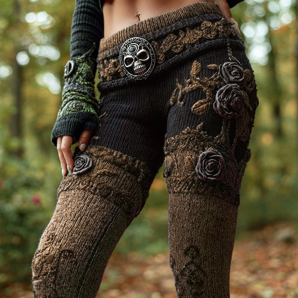 Women's Retro Skull Rose Embroidery Gradient Casual Leggings