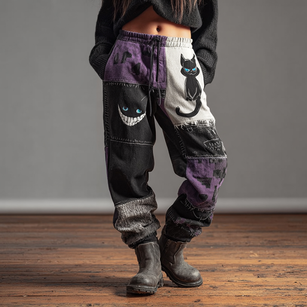 Women's Vintage Smiley Cat Patchwork Sports Pants