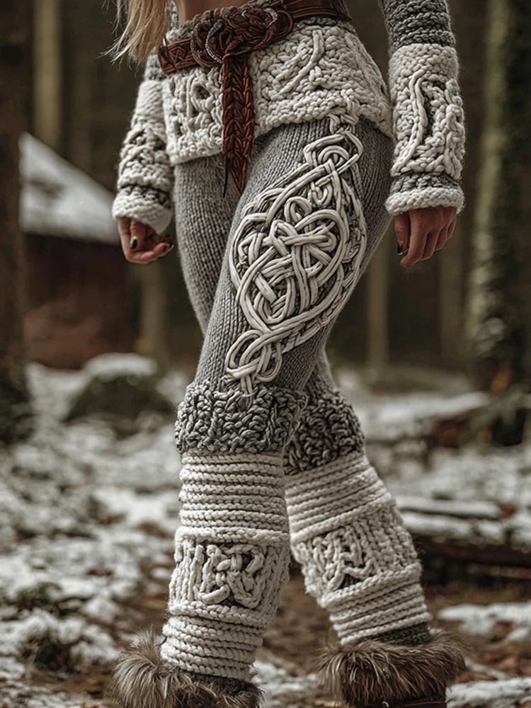 Retro Winter Celtic Knot Jacquard Women's Knit Leggings