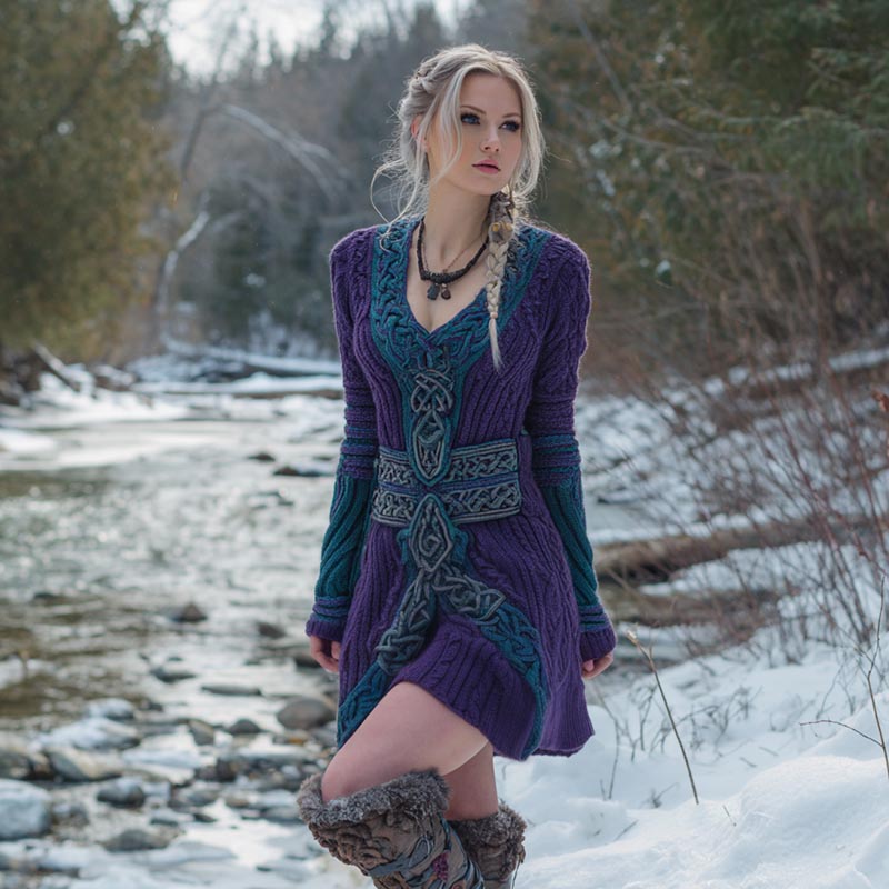 Viking Celtic Knot Art Knit Cozy Casual V Neck Mini Dress