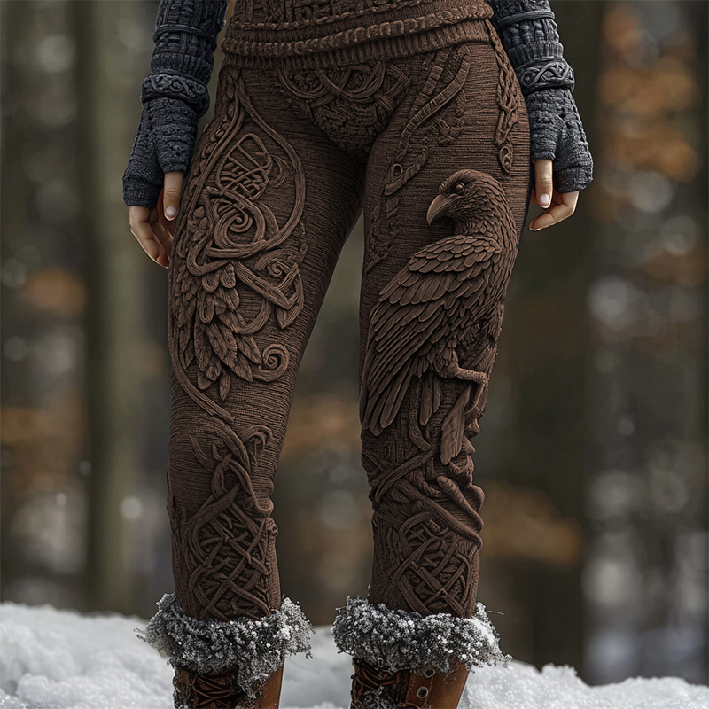 Women's Retro Viking Celtic Knot Raven Pattern Warm Leggings