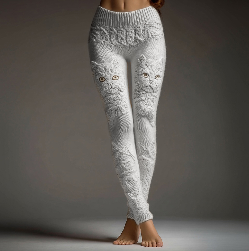 Cute Fuzzy Cat Embroidered Cozy Knit Leggings