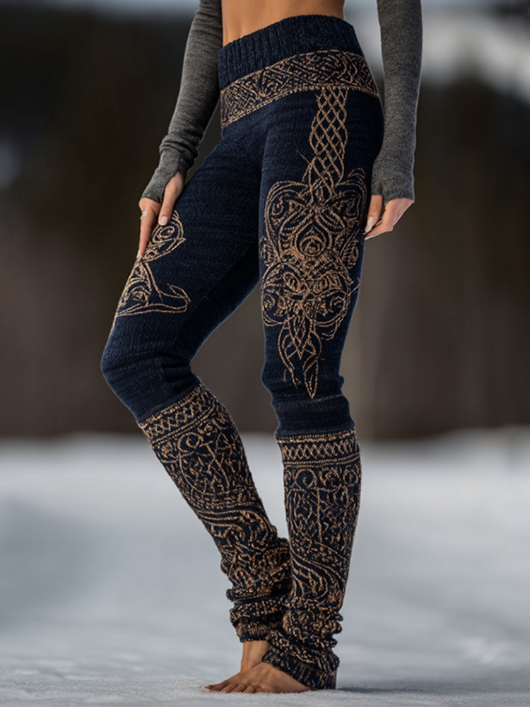 Vintage Viking Celtic Pattern Art Knit Cozy Casual Leggings