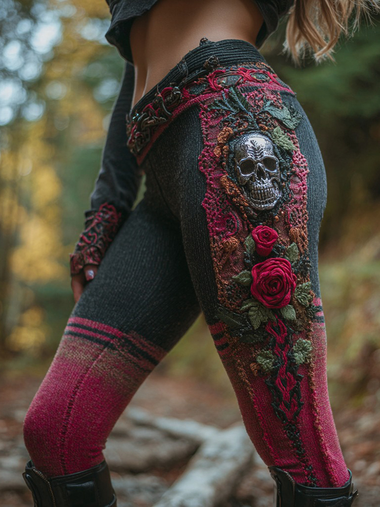 Women's Vintage Sugar Skull And Rose Pattern Comfortable Leggings