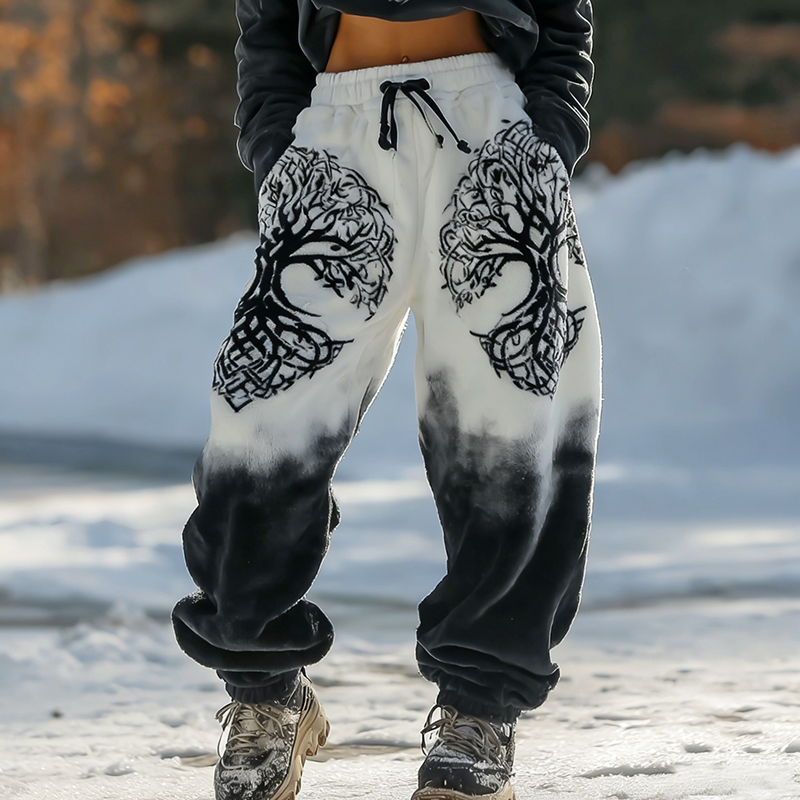 Women's Retro Celtic Tree Of Life Color Block Comfortable Flannel Casual Pants