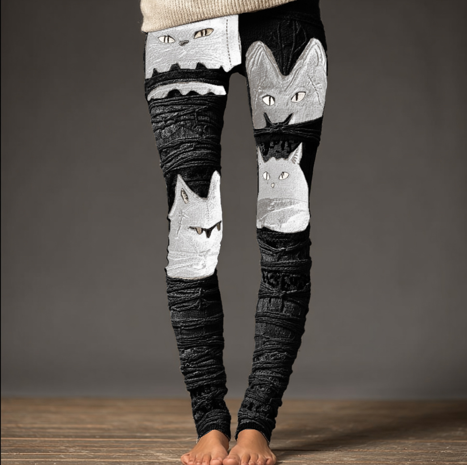 Halloween Fun Cat Design Women's Knitted Leggings