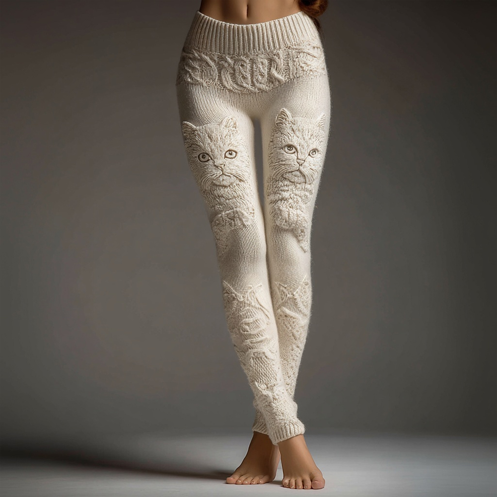 Cute Fuzzy Cat Embroidered Cozy Knit Leggings