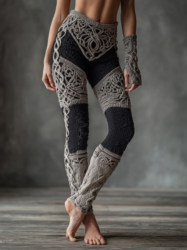 Vintage Viking Celtic Knot Art Knit Jacquard Cozy Leggings