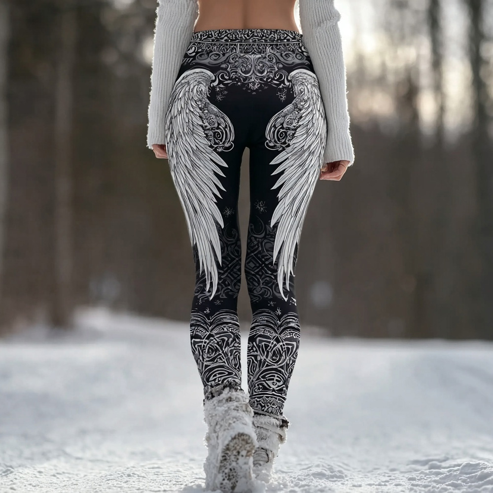 Vintage Viking Style Angel Wings Art Pattern Cozy Leggings