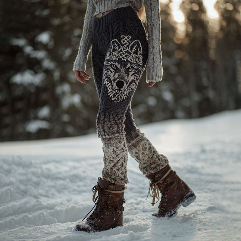 Women's Retro Viking Wolf Gradient Knit Leggings