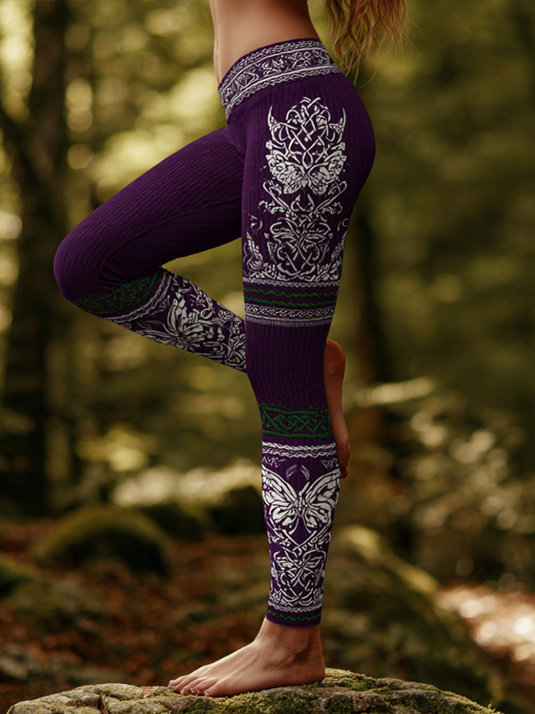Retro Butterfly Pattern Celtic Knot Design Women's Knitted Tight-fitting Leggings