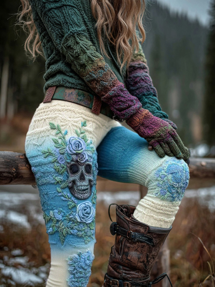 Women's Vintage Viking Skull And Rose Gradient Art Knit Leggings