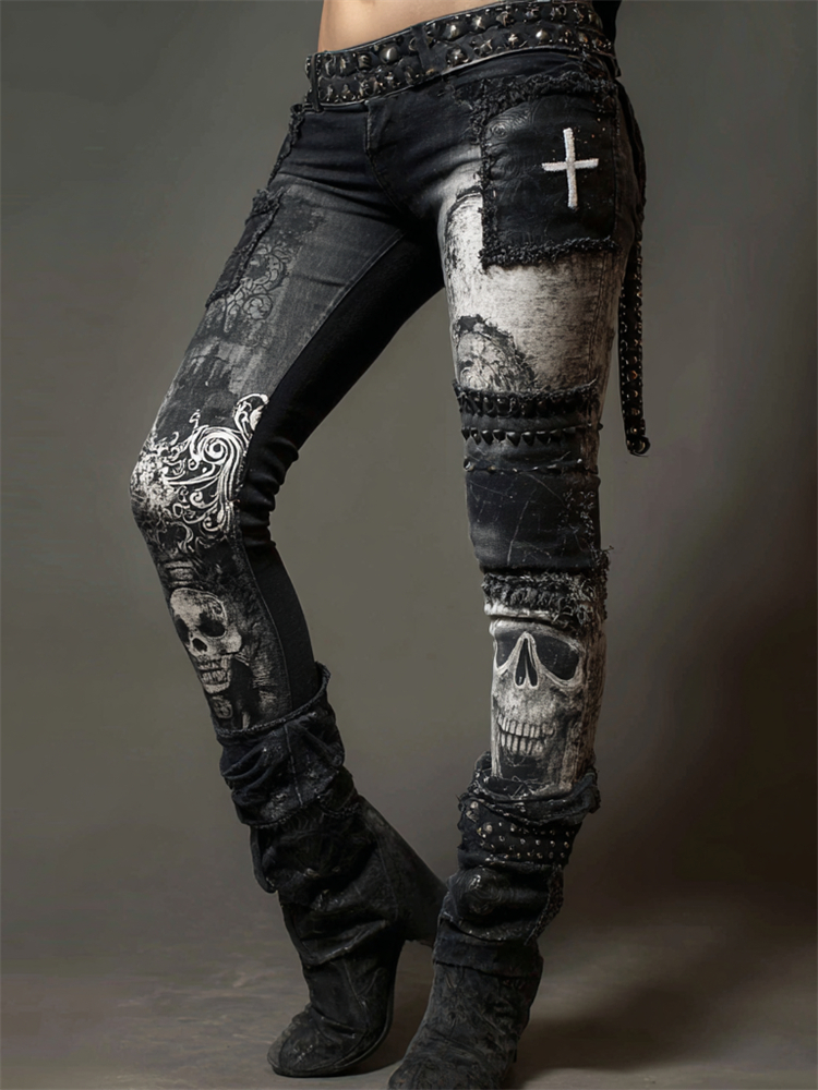 Rock Skull Cross Patchwork Washed Comfy Leggings