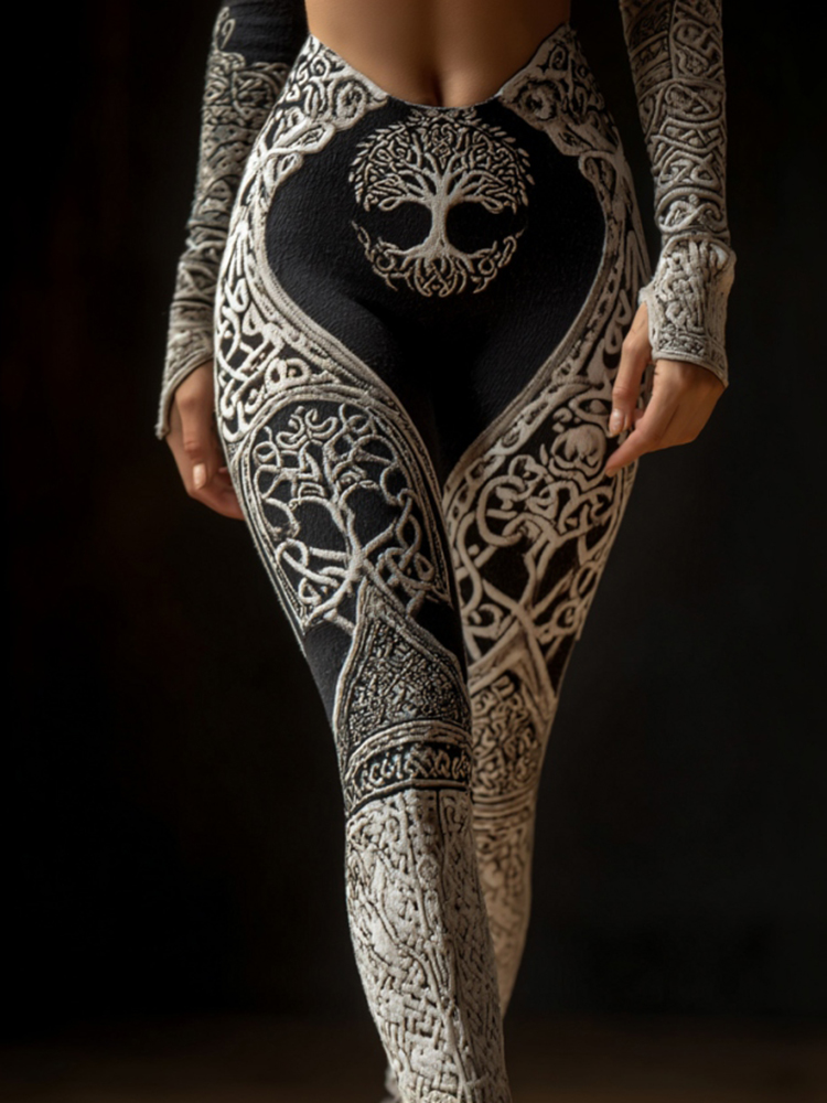 Women's Tree Of Life Celtic Knot Color Block Art Knitted Leggings