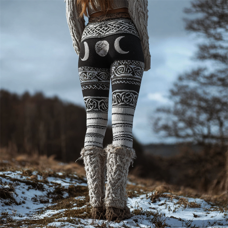 Viking Mystical Moon Phase Celtic Contrast Cozy Knit Leggings