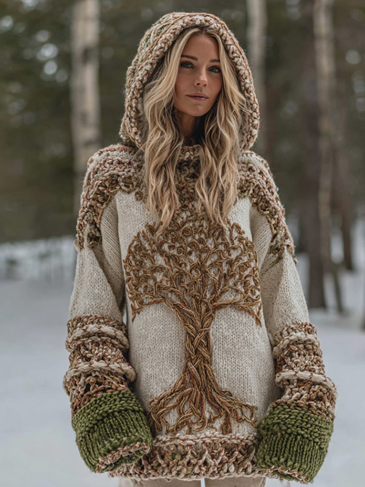 Vintage Viking Tribal Tree Of Life Art Knit Cozy Sweater Hooded