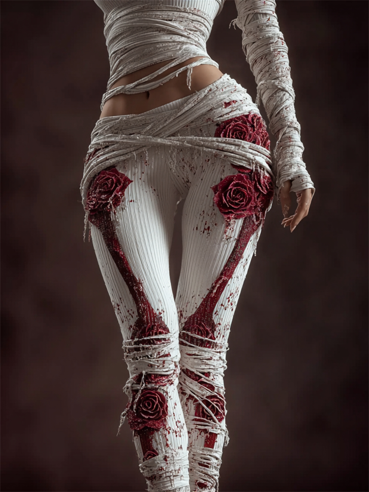 Classy Skeleton Anatomy Bloody Roses Bandages Knit Leggings