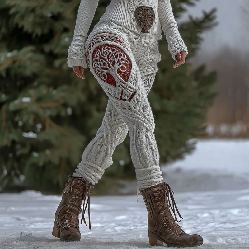 Vintage Viking Celtic Tree Of Life Art Knit Jacquard Cozy Leggings