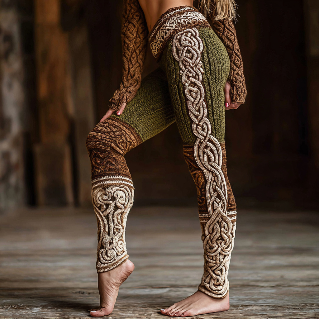 Women's Retro Viking Celtic Knot Rune Contrast Print Knit Leggings