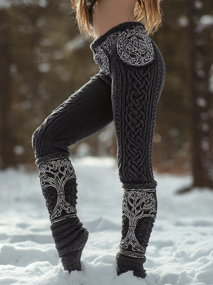 Viking Style Tree Of Life Celtic Knot Thick Needle Knitted Leggings
