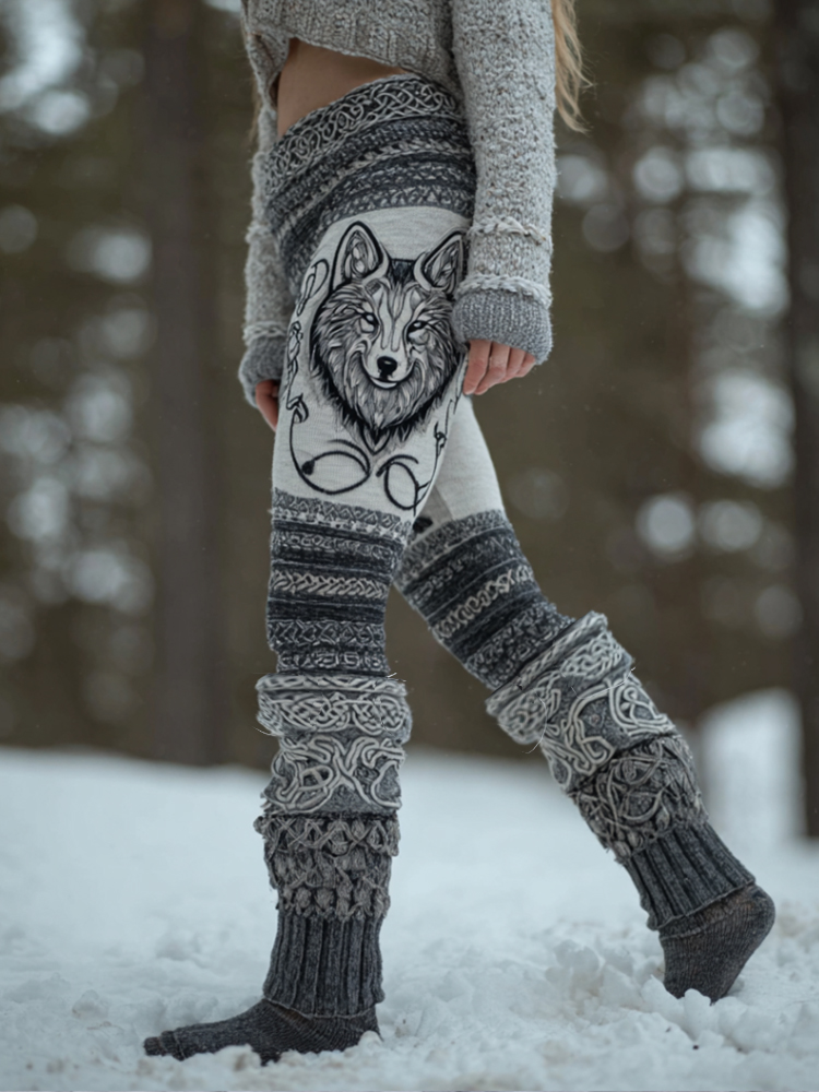 Vintage Viking Style Wolf Totem Celtic Knot Color-blocked Comfortable Knitted Leggings
