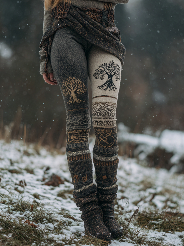 Viking Tree Of Life Celtic Contrast Color Cozy Knit Leggings