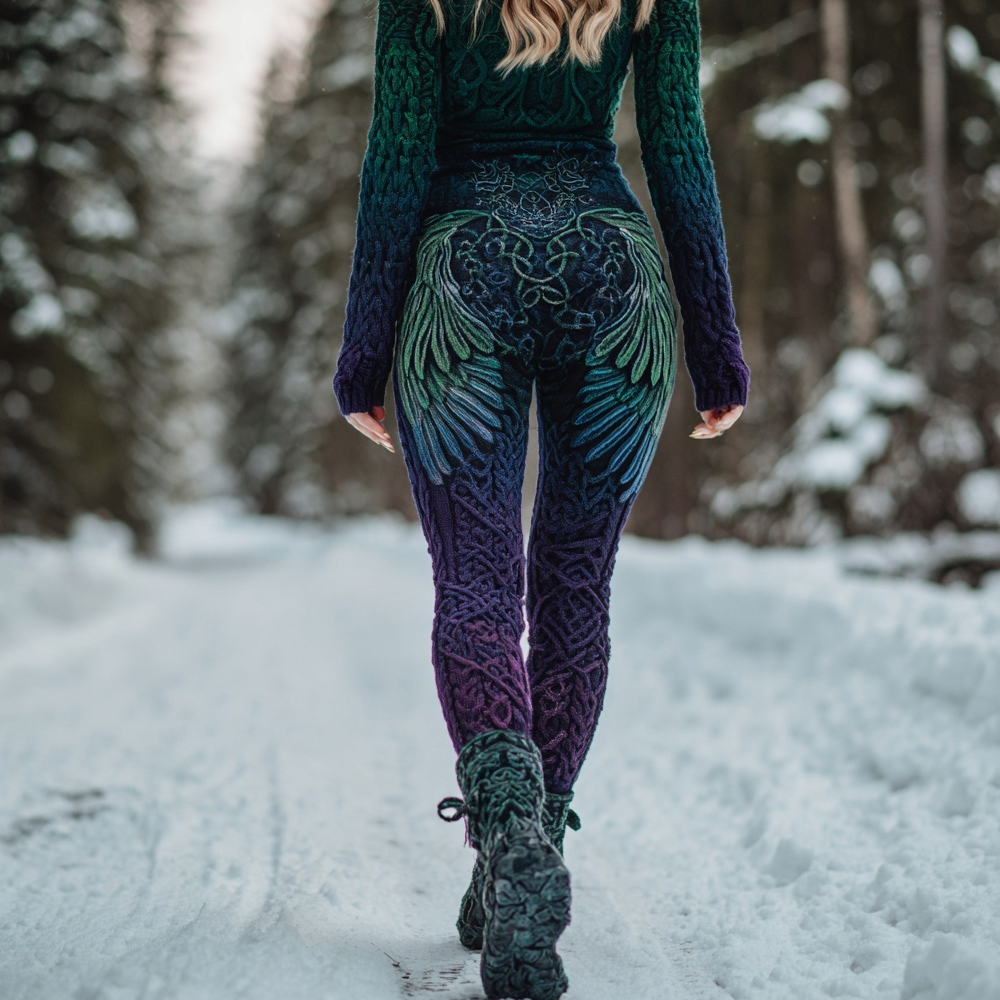Classy Viking Style Angle Wings Pattern Cozy Knit Leggings