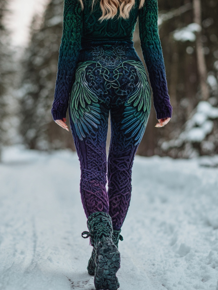 Classy Viking Style Angle Wings Pattern Cozy Knit Leggings