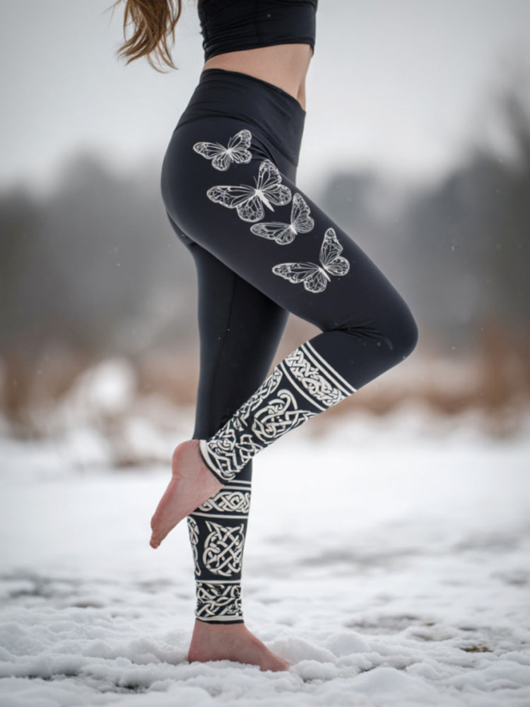 Women's Celtic Knot And Butterfly Pattern Knit Leggings