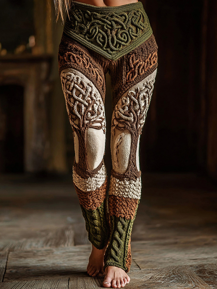 Women's Vintage Celtic Knot Tree Of Life Contrast Print Knit Leggings