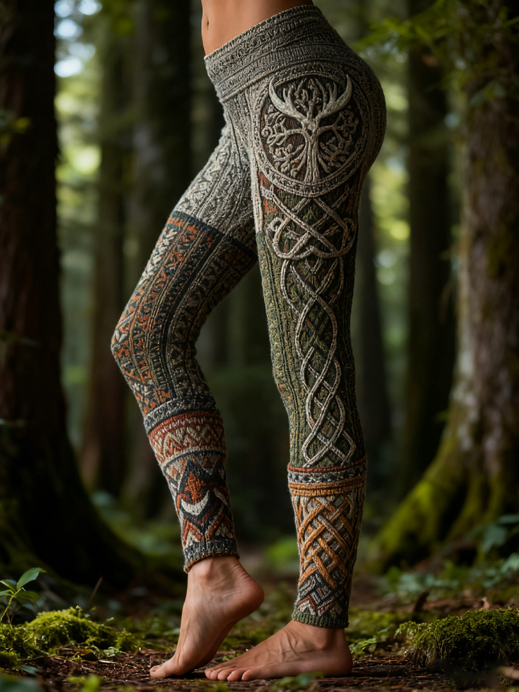 Vintage Viking Celtic Knot Art Knit Jacquard Cozy Leggings