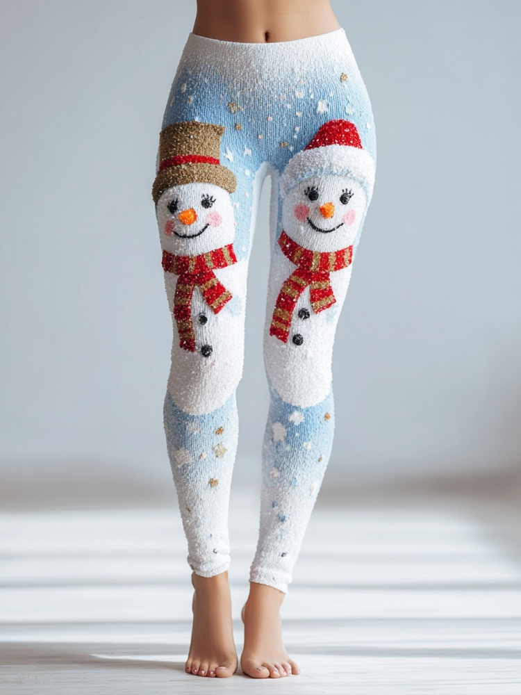 Cute Christmas Snowman Pattern Cozy Knit Leggings
