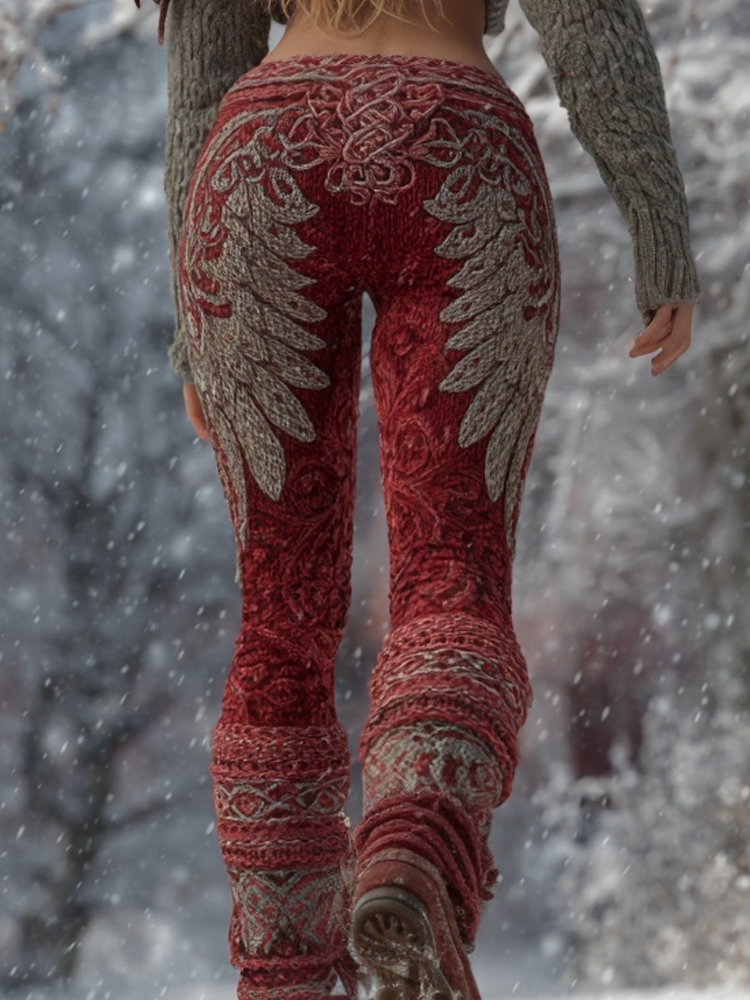 Classy Viking Style Celtic Wings Pattern Comfy Knit Leggings