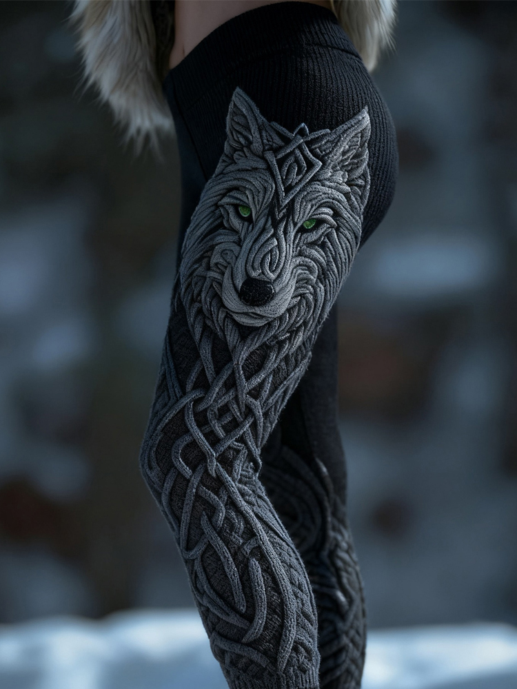 Vintage Viking Inspired Celtic Wolf Cozy Knit Leggings