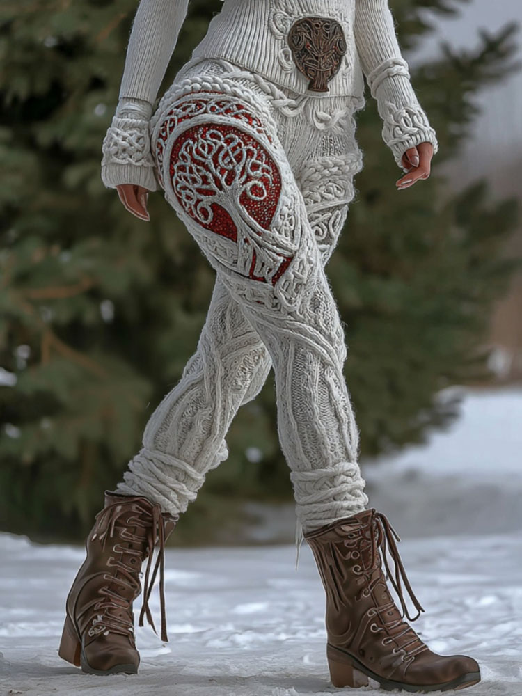 Vintage Viking Celtic Tree Of Life Art Knit Jacquard Cozy Leggings