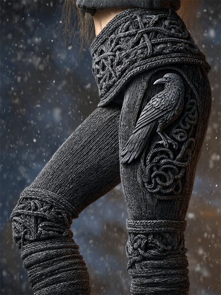 Vintage Viking Raven Celtic Knot Cozy Knit Leggings