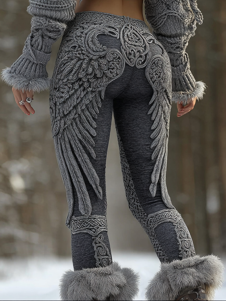 Women's Viking Celtic Knot With Black Wings Art Cozy Knit Leggings