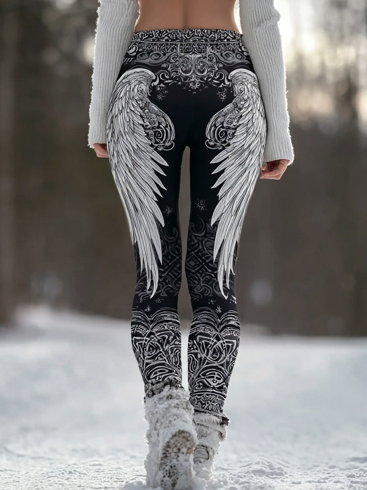Vintage Viking Style Angel Wings Art Pattern Cozy Leggings
