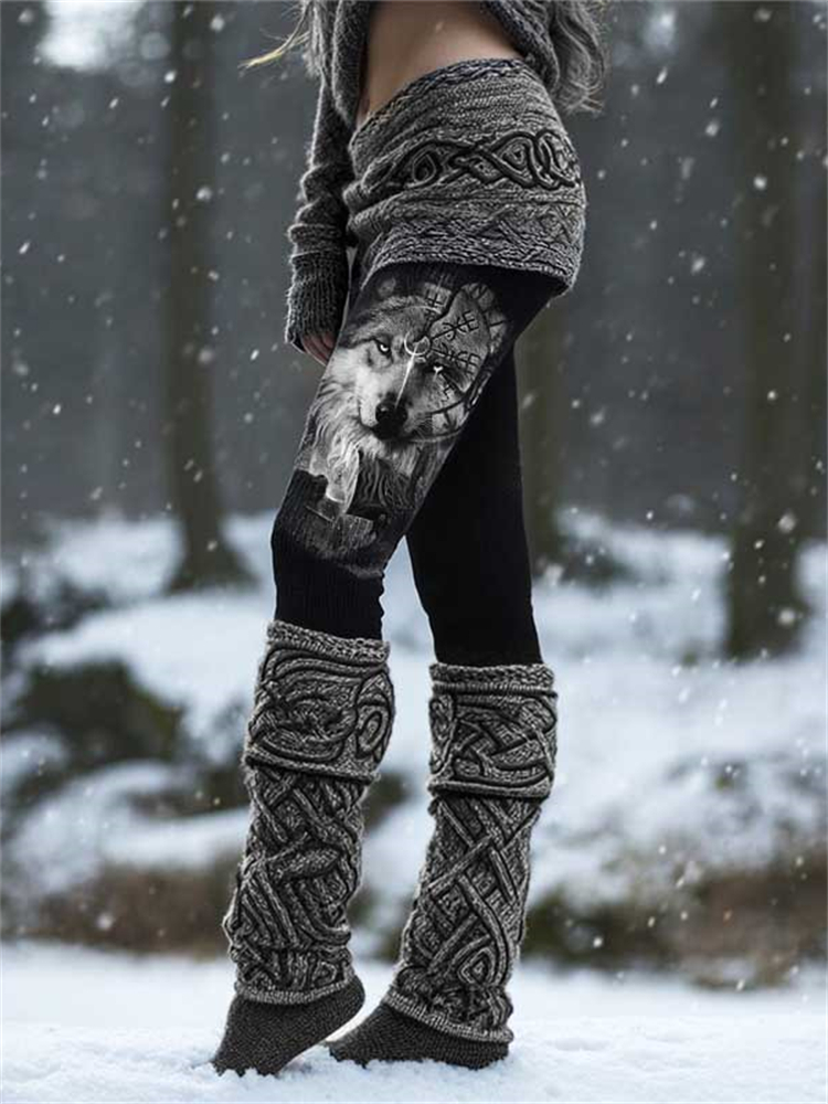 Vintage Viking Vegvisir Wolf Cozy Knit Leggings