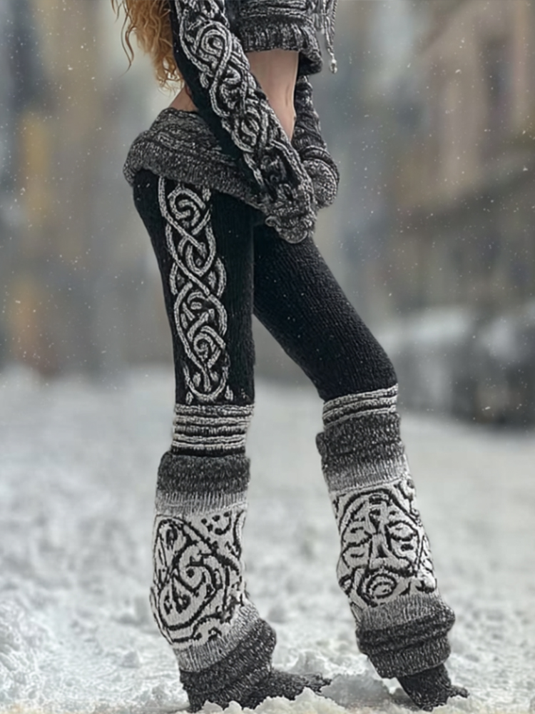 Viking Style Celtic Knot Pattern Knitted Comfortable Leggings