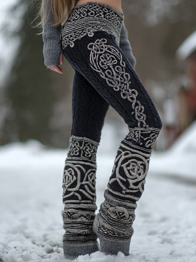 Viking Style Celtic Crochet Art Rose Patterned Knitted Pants