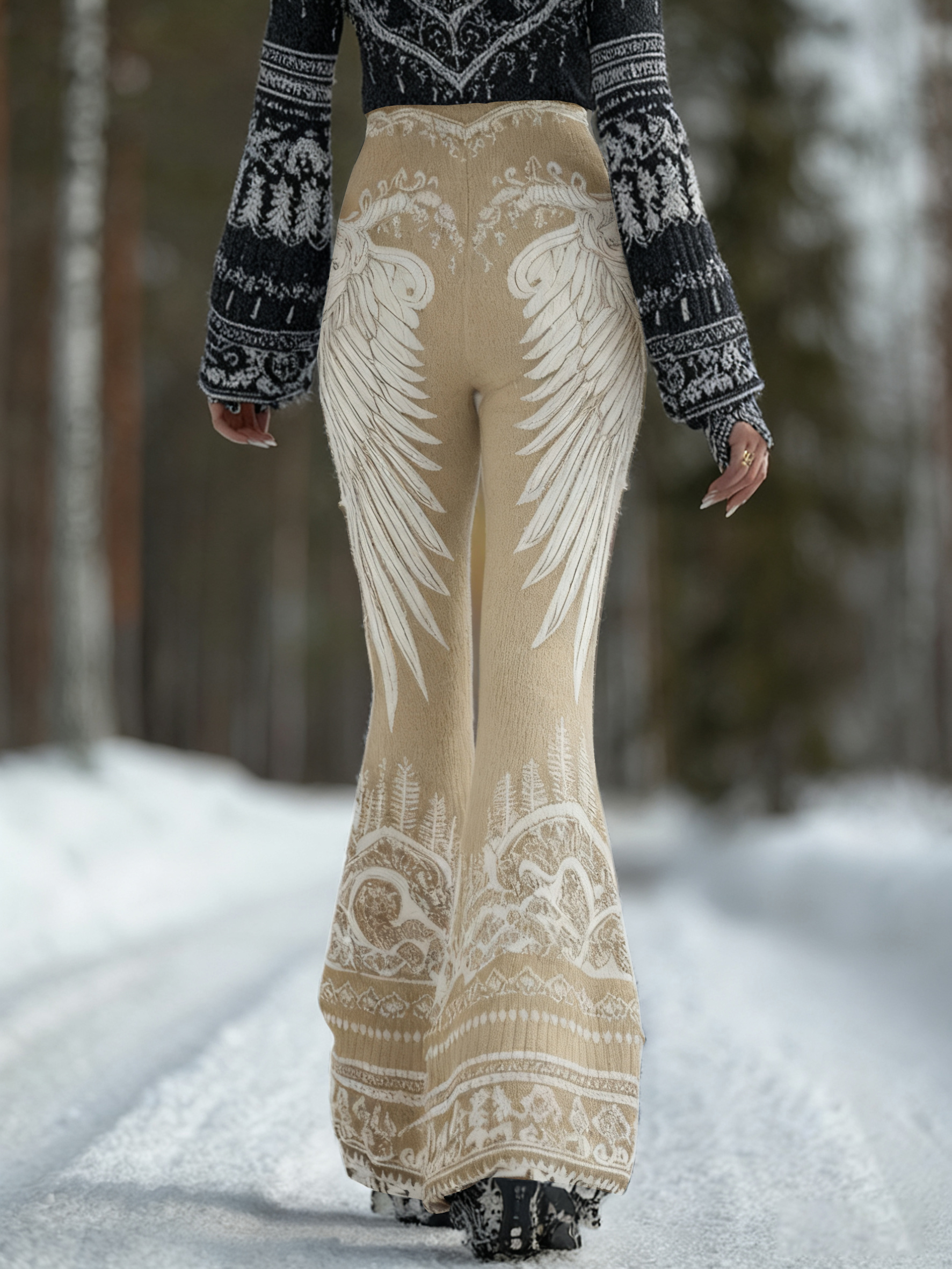 Women's Viking Celtic Knot With Angle Wing Print Casual Flared Leggings