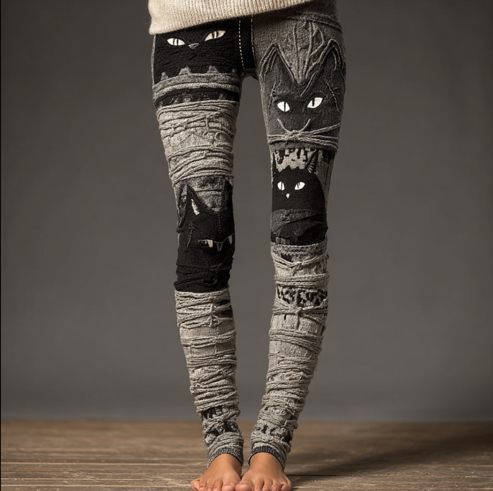 Halloween Fun Cat Design Women's Knitted Leggings