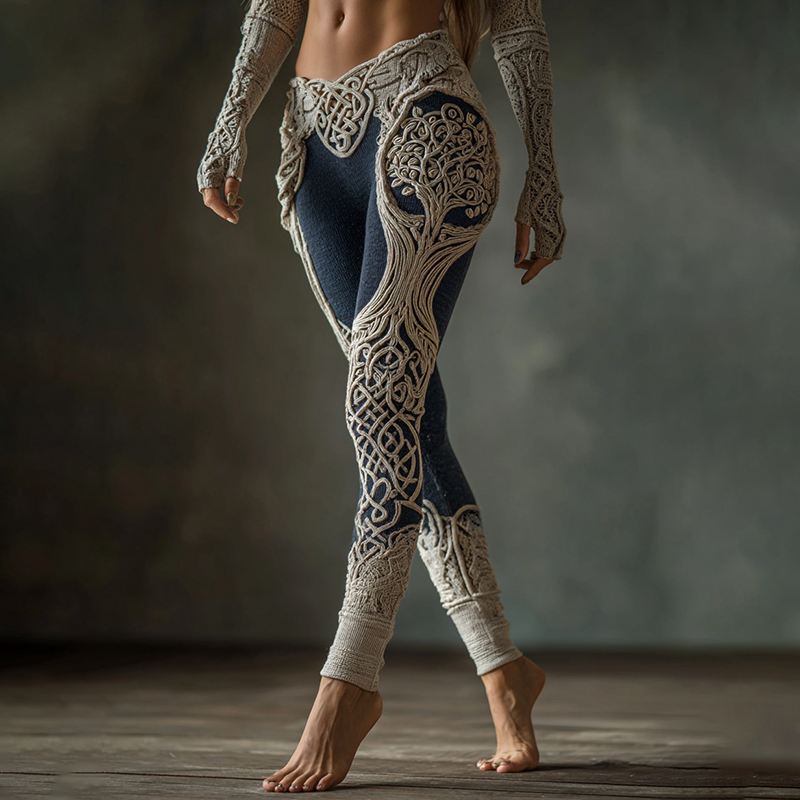 Vintage Viking Tree Of Life Celtic Knot Contrasting Colors Art Knit Cozy Leggings