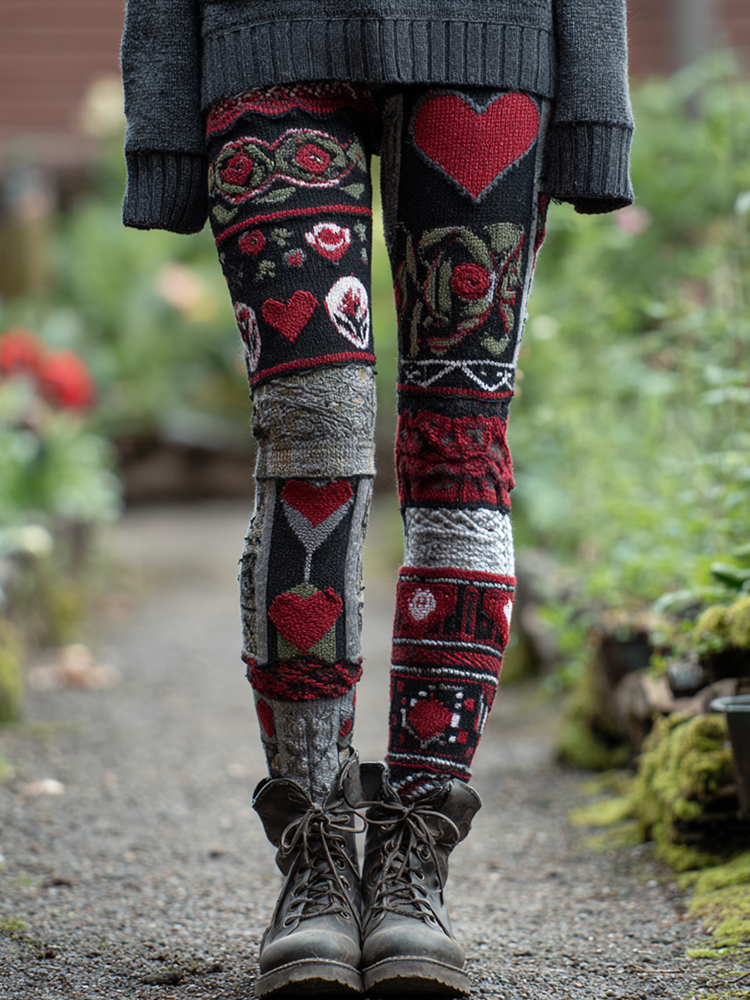 Women's Vintage Heart Patchwork Art Casual Leggings