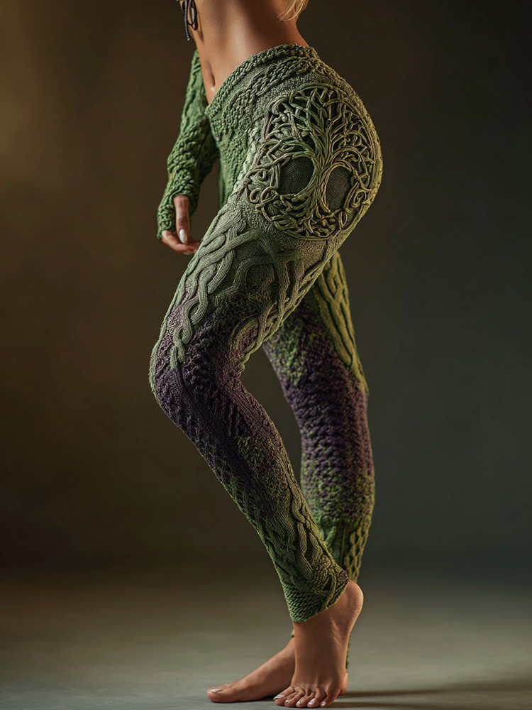 Vintage Witchery Tree Of Life Celtic Knot Gradient Art Knit Cozy Leggings